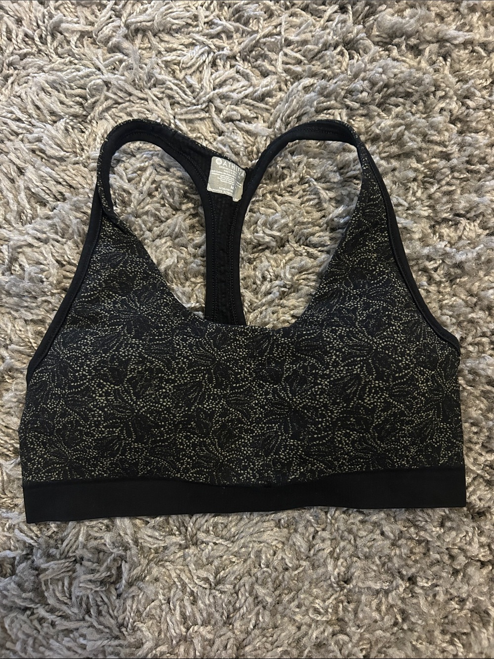 Athleta Black and Tan Flower Pattern Racerback Sports Bra Size Medium